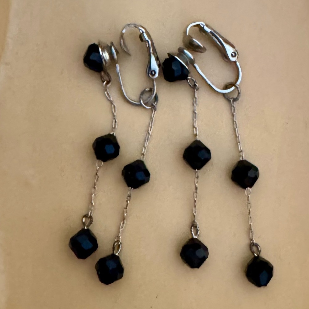 Vintage Silver Clip-On Chandelier Earrings Black Faceted Beads Retro Classic